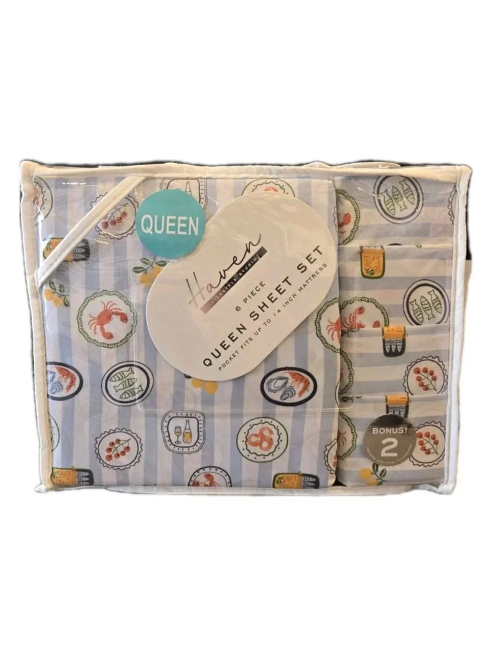 New Coastal Nautical Queen Duvet Cover Set Blue Striped Lobster Lemon Palm Tree